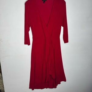 Elegant Red Faux Wrap Dress. Warm cozy 3/4 sleeves